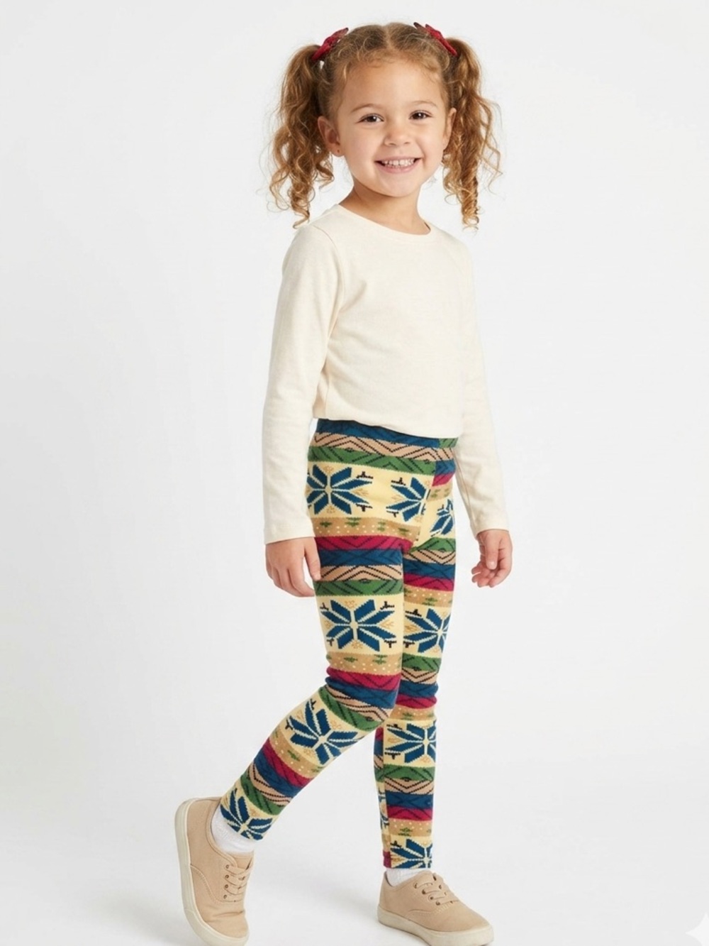 CHRISTMAS Fair Isle Snowflake Kids Girls Cream Red Green Winter Holiday Leggings